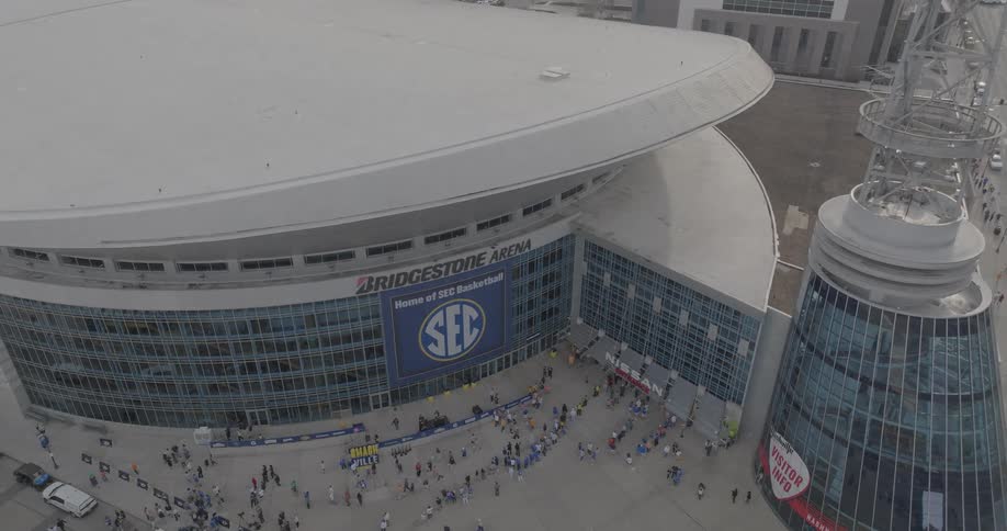 Aerial view of a stadium with thousands of fans