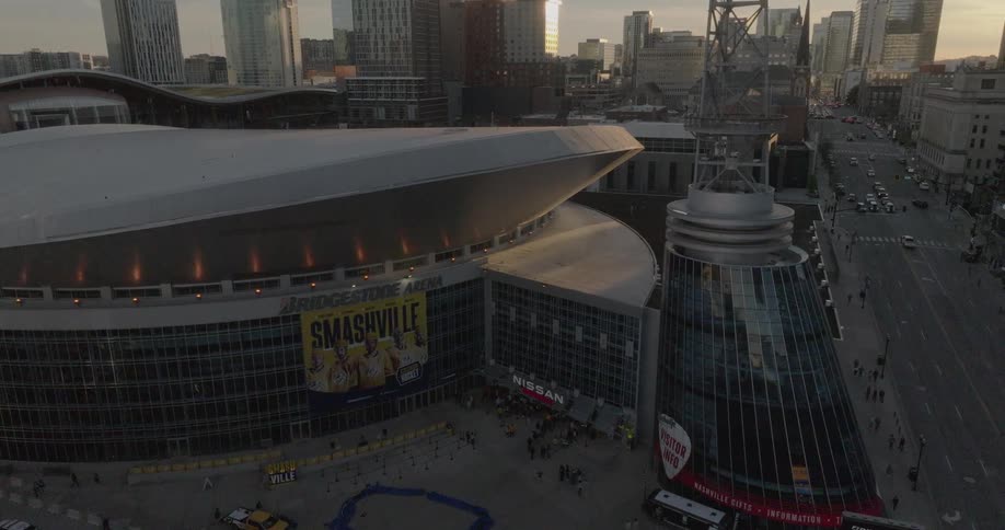 Bridgestone arena highlighted with predators banner and busy entrance