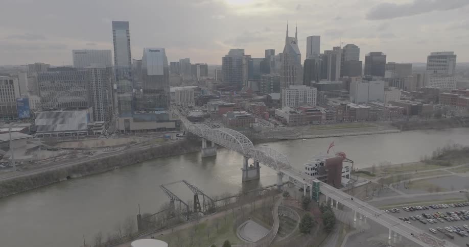 Aerial view of downtown nashville tennessee with the john seigenthaler bridge over the cumberland river