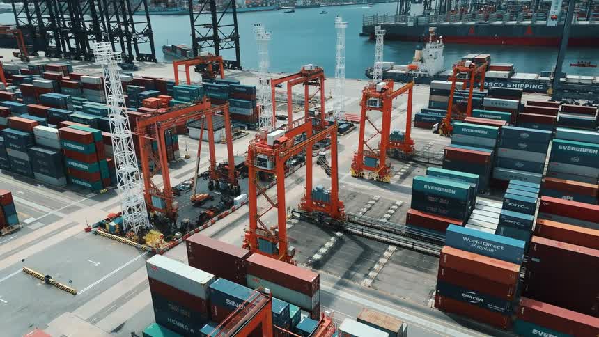 Towering orange cranes move between tightly packed stacks of shipping containers at a bustling port terminal