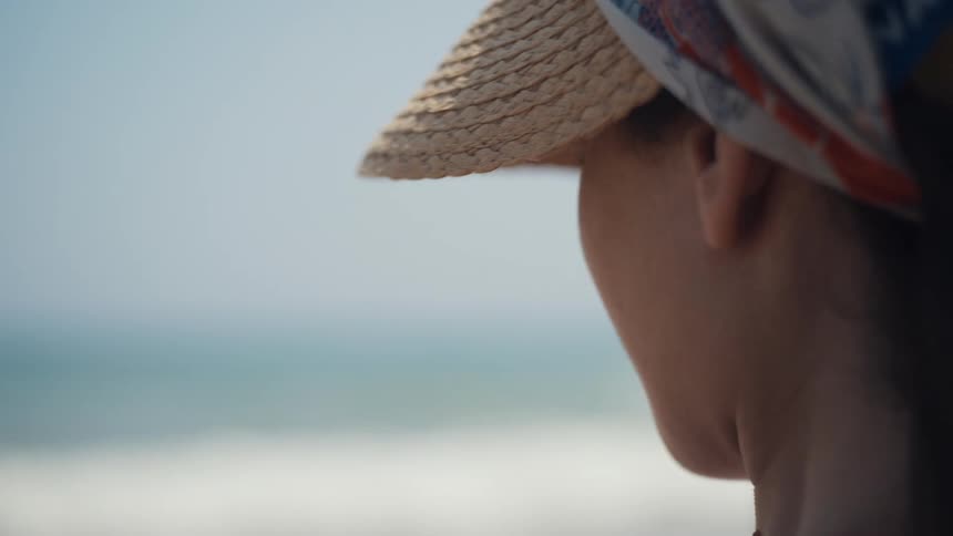A young woman is standing on a beach she is wearing a straw hat and looking out at the ocean