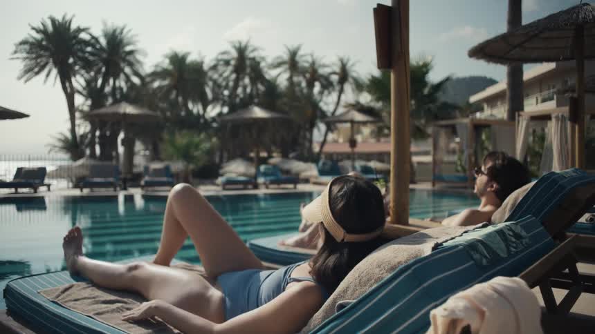 Couple relaxes in a resort pool enjoying their vacation