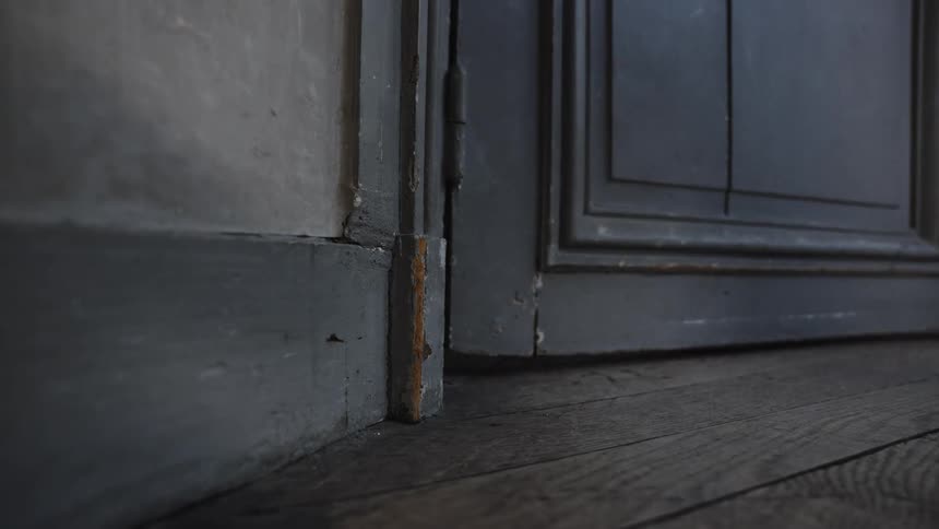 A lowangle shot shows a wooden floor leading up to an old wooden door the paint on the door frame is chipped indicating wear and age