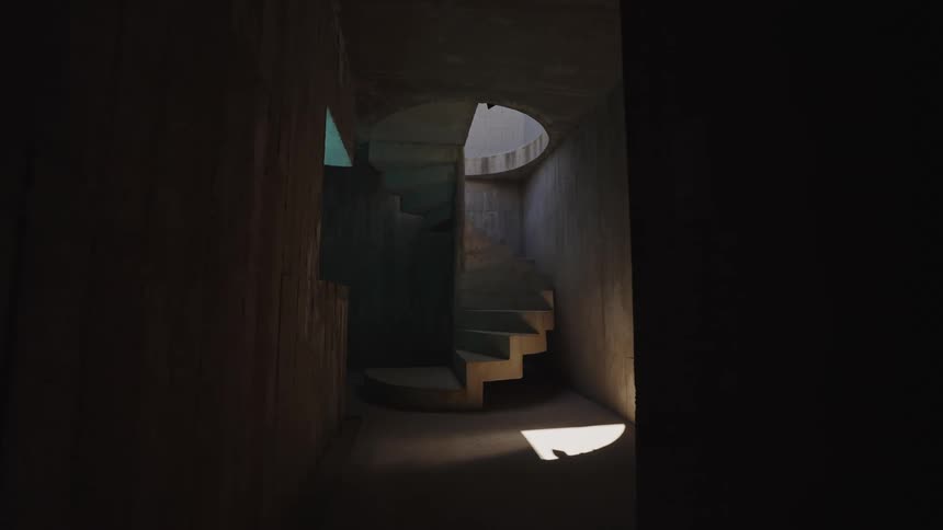 A spiral concrete staircase winds upward in a dim cavernous space lit by a single shaft of sunlight