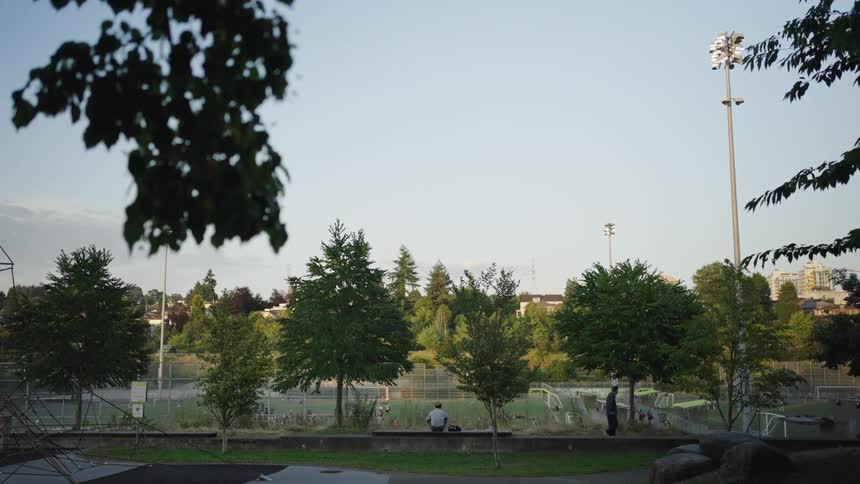 Two men on the side of a sports field surrounded by trees talking as one walks away leaving the other sitting alone at sunset