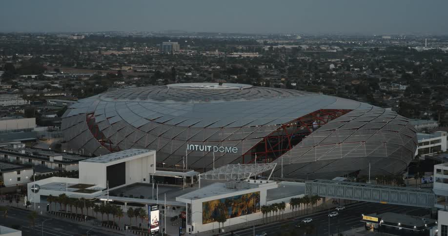 A large sports stadium is in the city