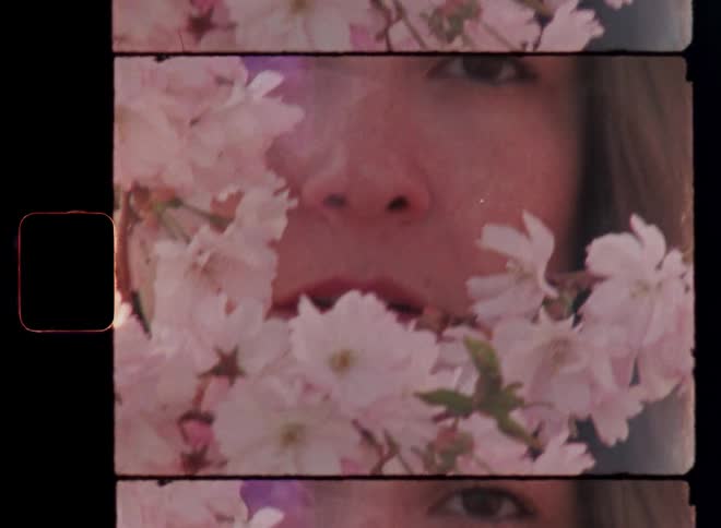 A female model stands among blossoming cherry branches with white and pink flowers covering her face as she looks directly at the Super 8mm camera with a vintage fashion vibe and soft lens flares