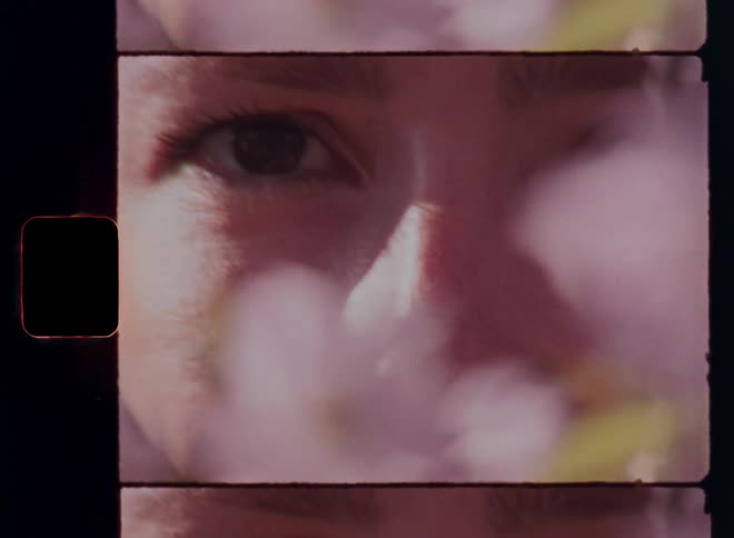 Closeup of a female model or woman with brown eyes seen through soft pink flowers before she looks down and turns her head away slightly with a mysterious and captivating facial expression on Super 8 film