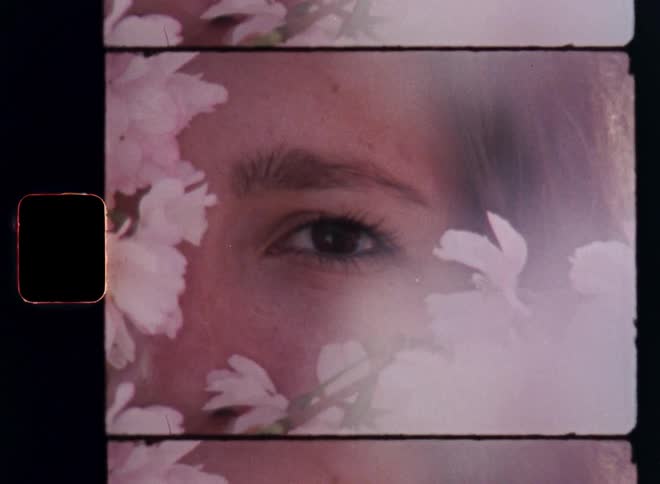 A soft focus closeup portrait of brunette woman surrounded by pink blossoms captures a dreamy vintage springtime moment as the girl opens and closes her brown eye in slow motion looking directly at the 8mm camera