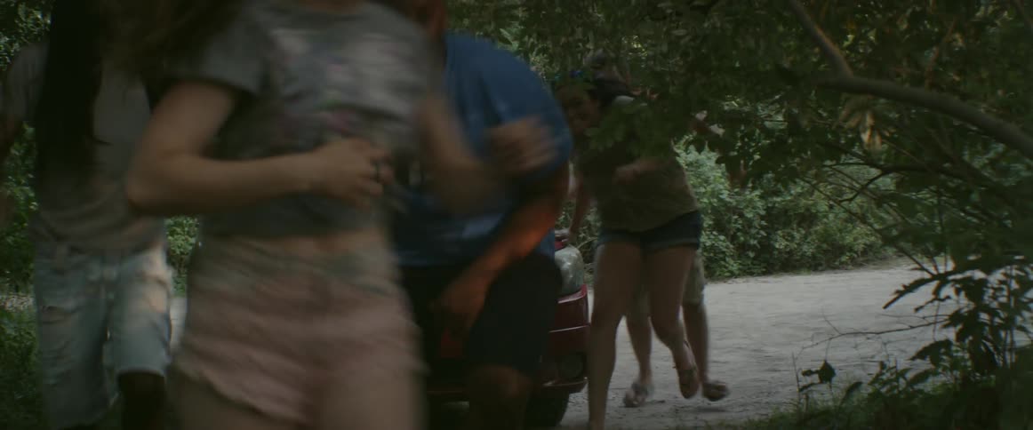 A group of people exit a car and run away