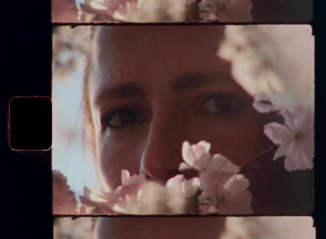 A woman is framed by soft pink blossoms as she turns her head and opens her beautiful brown eyes in slow motion and gazes intently and looking at the nostalgic super-8 camera with piercing glance