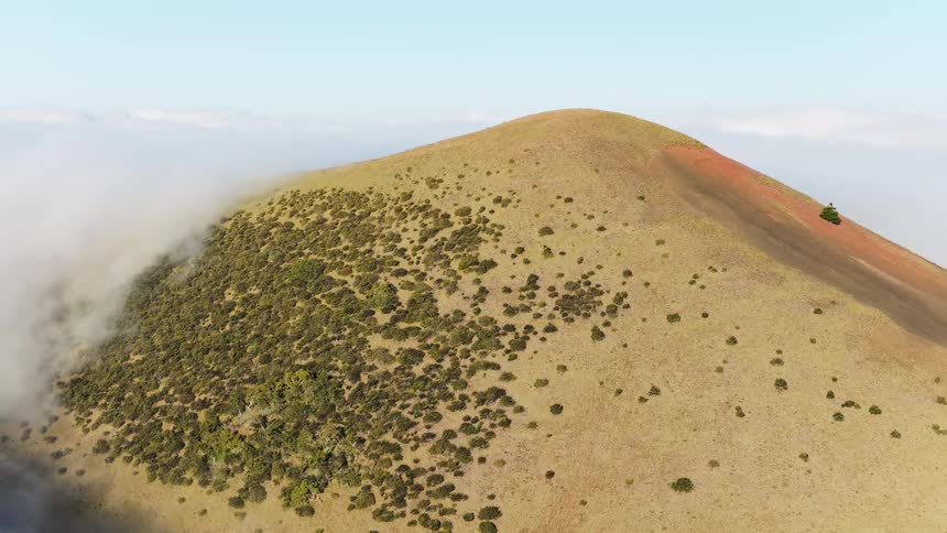 An aerial shot of a large brown and green hill or mountain with one side covered in green foliage partially shrouded in a layer of white clouds against a bright blue sky