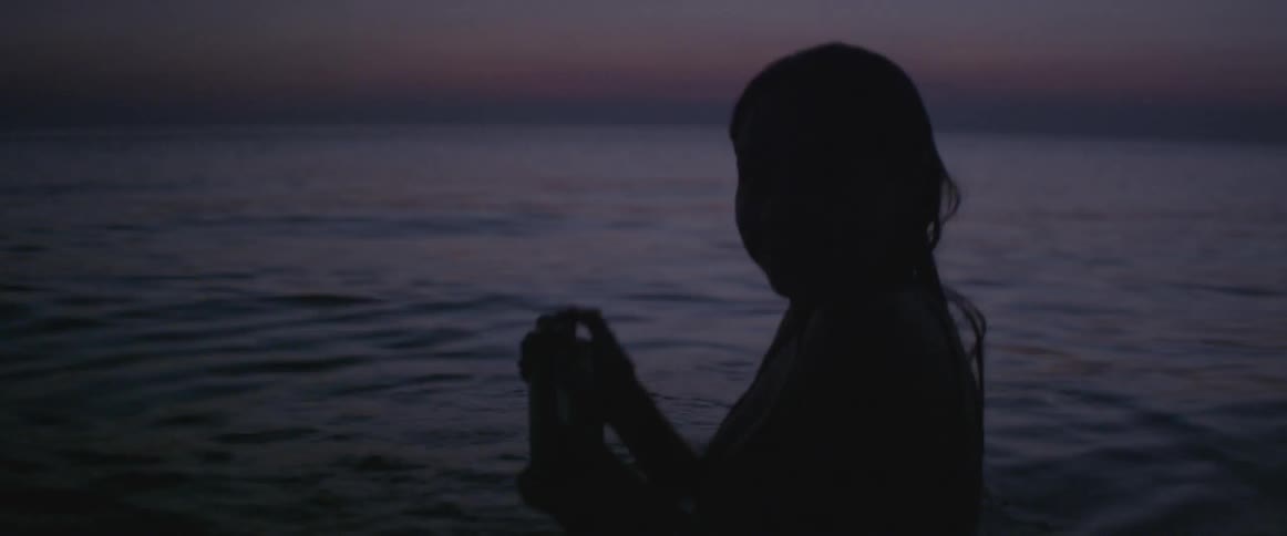 A woman is in the water at sunset