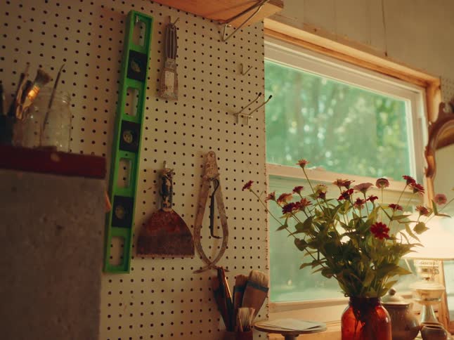 A cozy workshop corner with pegboard tools and a vase of fresh zinnias sits bathed in warm daylight beside a window