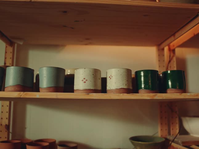 Shelf displays a row of glazed ceramic mugs in different colors