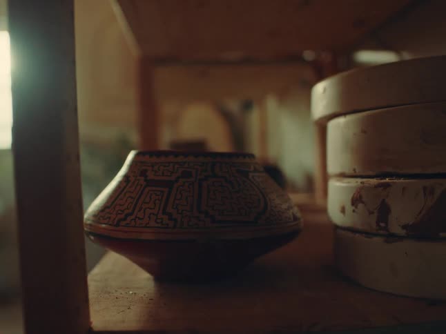 Pottery on a wooden shelf