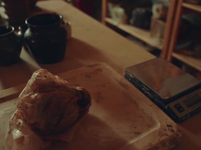 Worktable displays a digital scale next to a wrapped block of clay