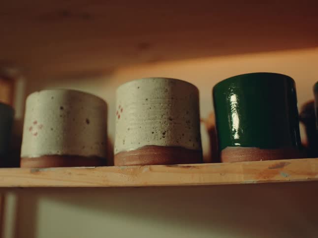 Ceramic cups on a wooden shelf