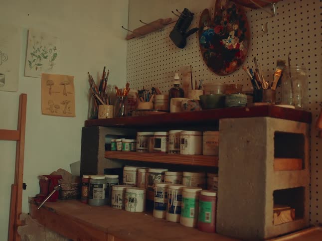 A cozy wellused art studio corner is filled with paints brushes and sketches warmly lit by natural light