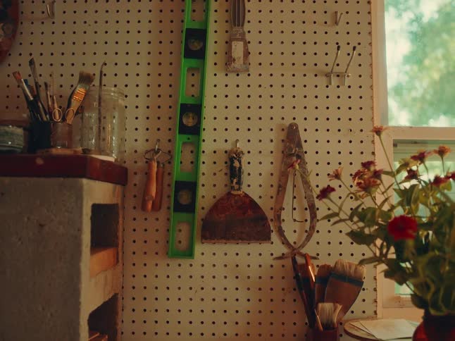 A pegboard beside a window displays tools and flowers lit warmly in a cozy studio or workshop