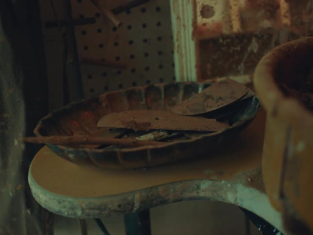 Dirty pottery trays stacked on a messy stool in a workshop