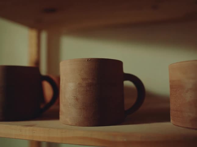 Cups are lined on the shelf