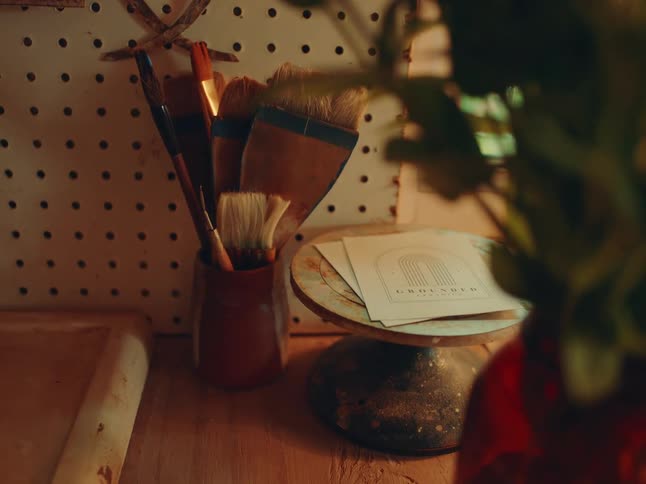 A closeup of paintbrushes in a holder on a wooden desk in an art studio