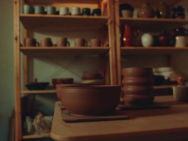 Pottery bowls placed on a table in a pottery studio during daytime