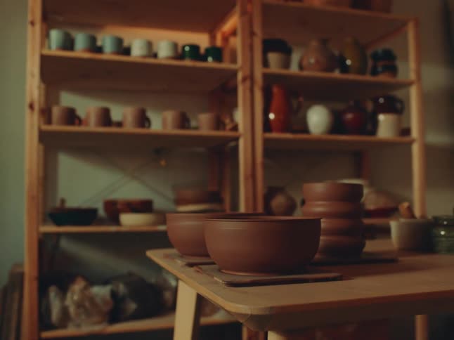 Ceramic bowls dry on the table in front of shelves filled with handcrafted pieces