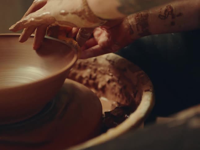 A closeup of a potters hands with tattoos meticulously shaping a piece of wet clay into a bowl on a spinning pottery wheel