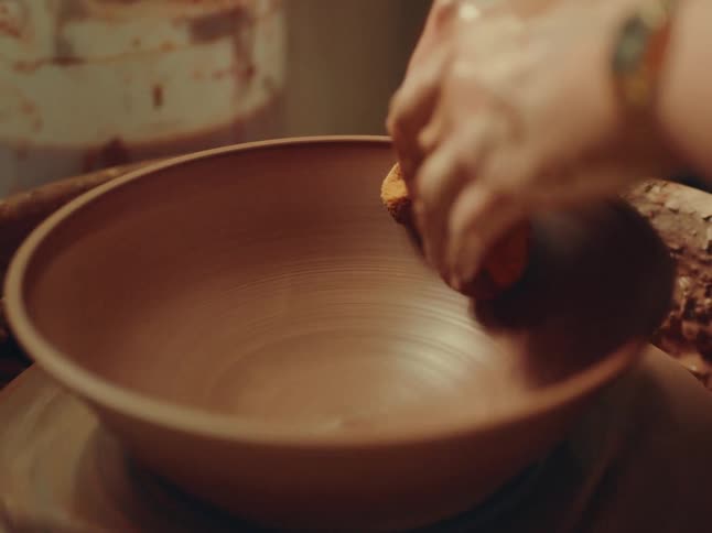 Hands shape a clay bowl on a pottery wheel