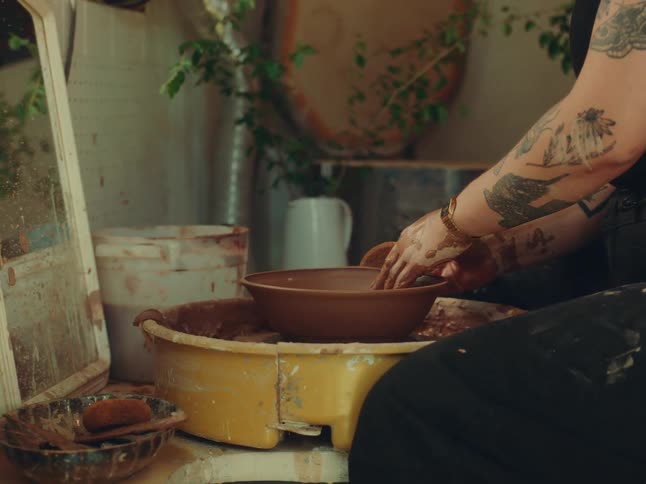 The woman is sculpting a bowl on a pottery wheel