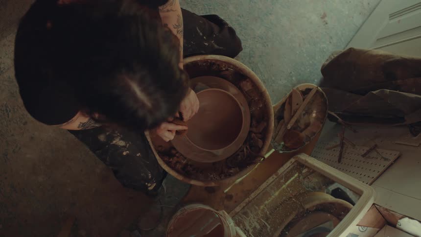 A woman with tattooed arms shapes a clay bowl on a pottery wheel viewed from above in a rustic studio