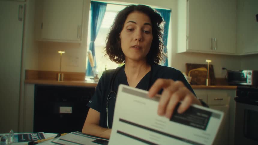 Woman in dark scrubs studies medical documents while sitting at the kitchen table