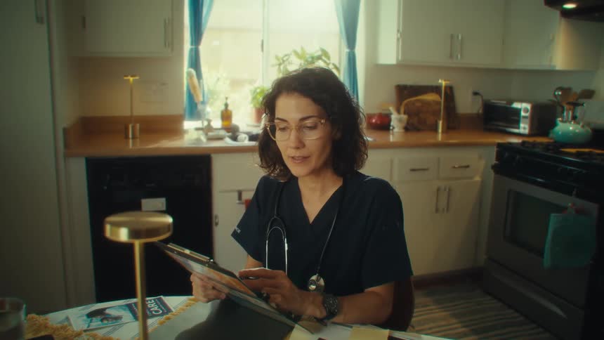 Female doctor reads medical chart in a home kitchen