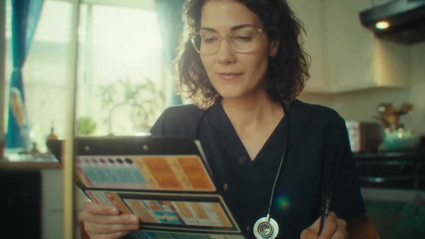 Woman in dark scrubs and glasses reviews a clipboard while holding a pen