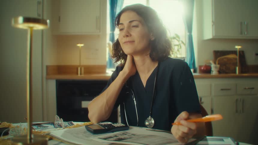 Woman in dark scrubs with a stethoscope around her neck takes notes while resting her hand on her neck thoughtfully