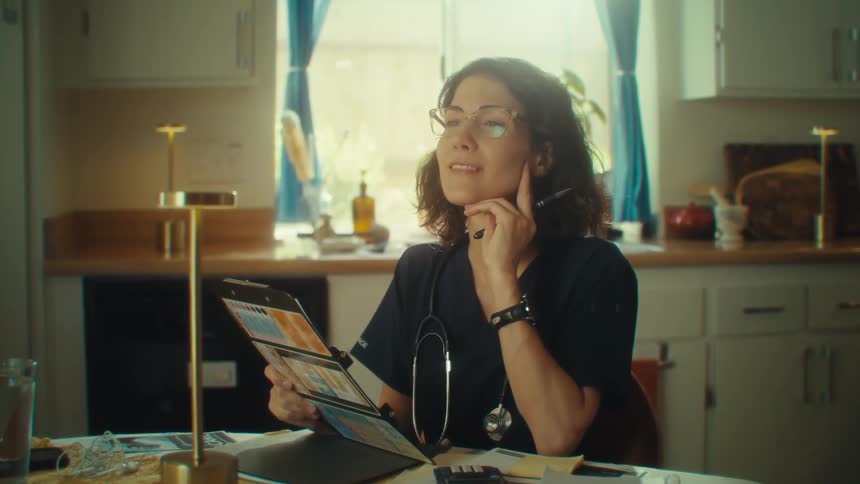 A nurse with brown hair and glasses wears a stethoscope and black scrubs as she sits at a kitchen table looking over a folder and thoughtfully touching her chin with a pen