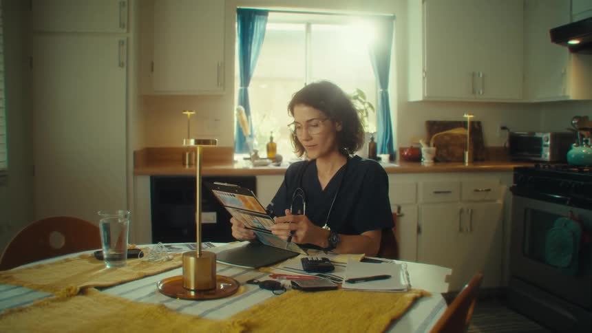 Female nurse sitting at a desk interacting with document