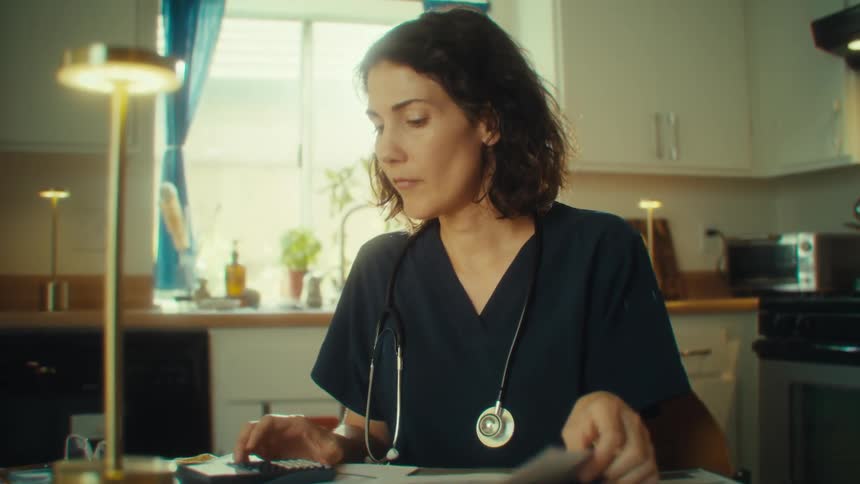 A doctor is sitting at the kitchen table calculating and looking at two sheets of paper