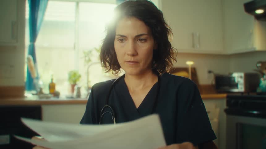 Woman in dark scrubs carefully looks at papers in front of her