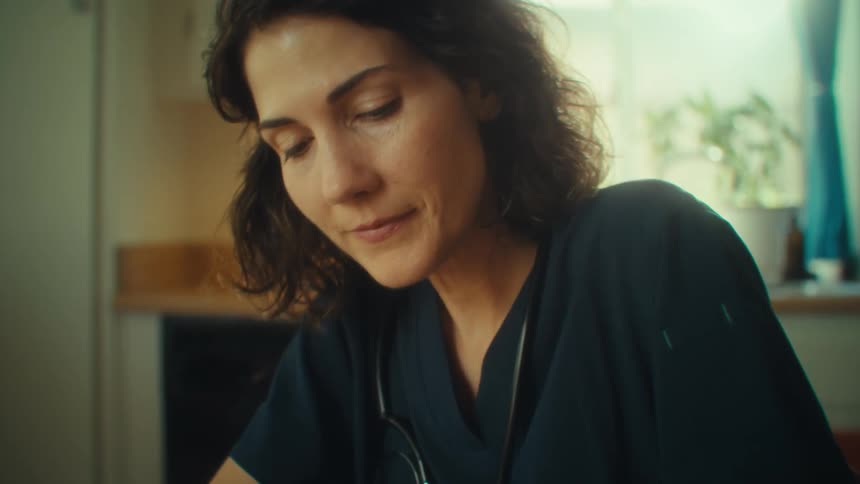 A female medical practitioner wearing a blue coat with a stethoscope draped over her shoulder sits in a break room writing on a document before suddenly pausing lost in thought at midday