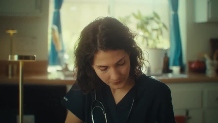 A young female healthcare worker studies documents at a kitchen table
