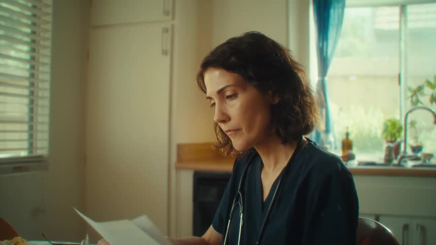 The doctor is doing paperwork at home