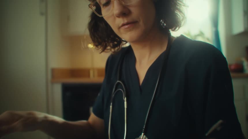 A person in scrubs with a stethoscope fills out paperwork at a cluttered desk with a calculator and documents