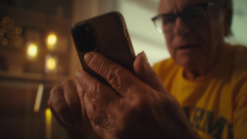 Man wearing glasses and a yellow shirt holds a phone with both hands