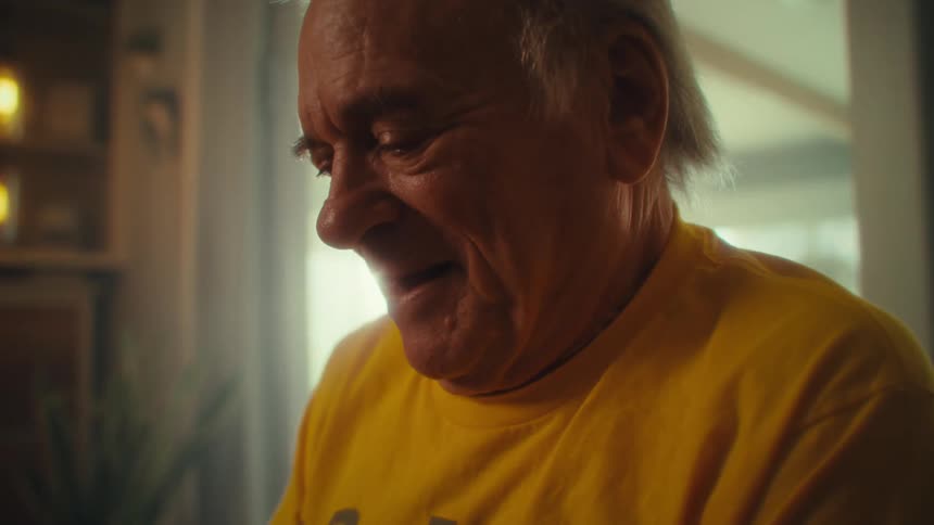 Man sitting at home writing on a paper and smiling