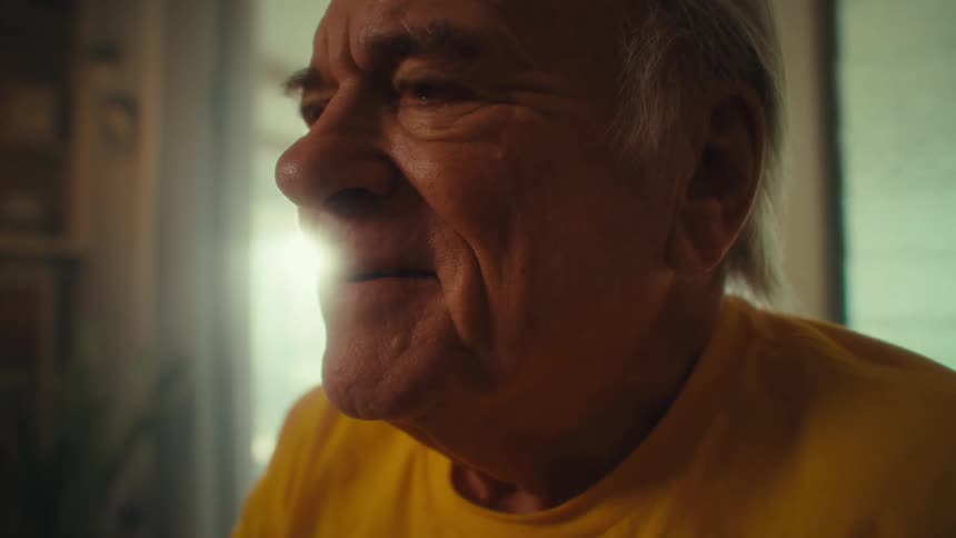 A man with white hair and a yellow shirt slowly lifts his head changing his expression from sad and serious to a wide smile and joyful laughter in a sunlit room