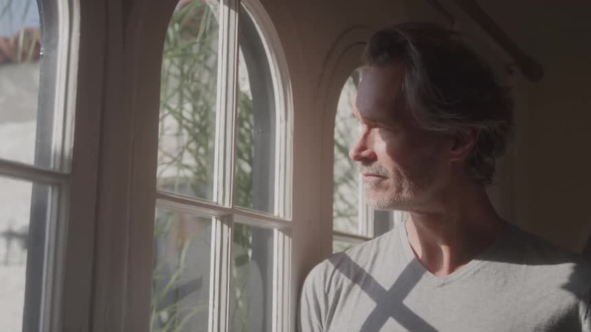 A middleaged man stands beside a glass window staring outside as the wind blows on a plant next to the window at midday