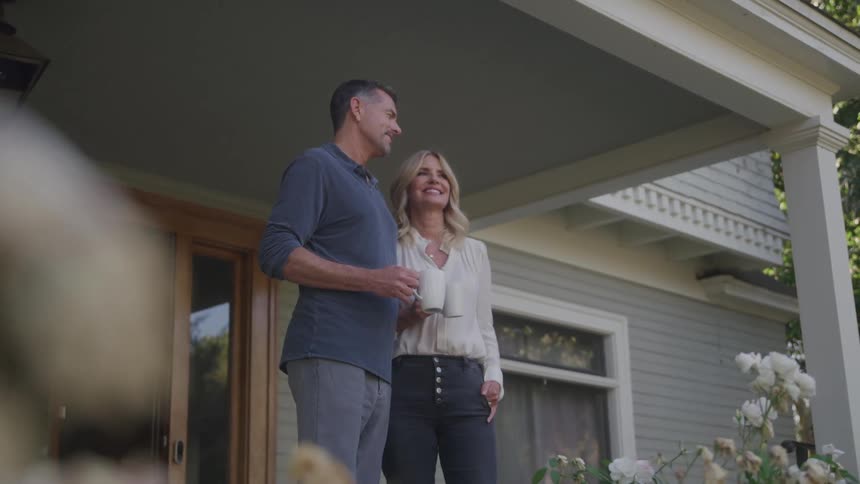 The video shows a man and woman standing on a porch holding coffee cups they are smiling and looking at each other appearing to be in a pleasant conversation